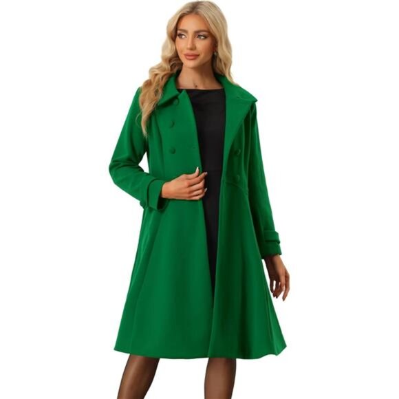 Women's Winter Coat Overcoat Lapel Collar Long Swing A Line Green - Picture 1 of 5